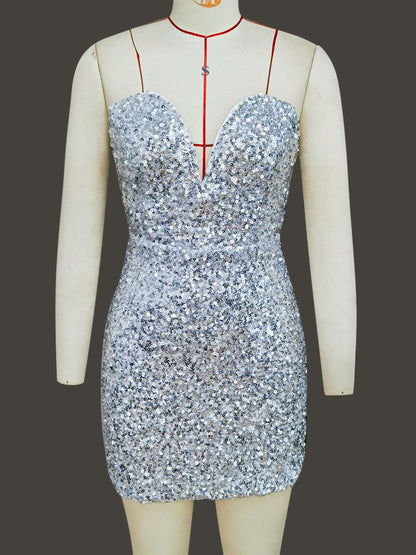 Sequin Bodycon Mini Dress With Sweetheart Neck And Bow Back For Parties 2026