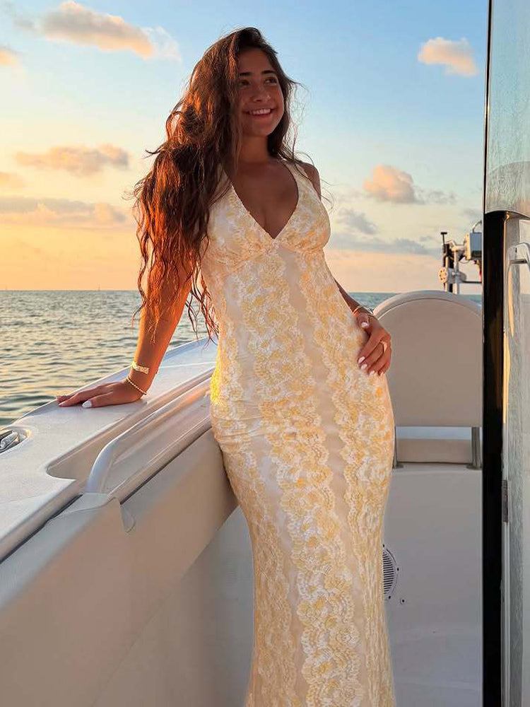 Sleeveless Lace Maxi Dress With Deep V-Neck And Open Back For Summer 2026