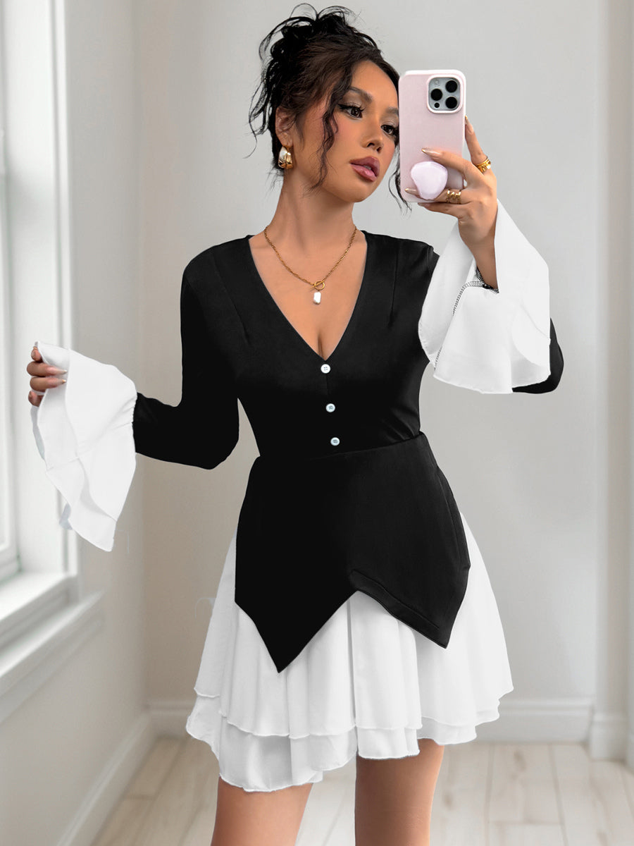 Contrasting Color Flare Sleeves Mini Dress With V-neck And Layered Skirt For Autumn 2026
