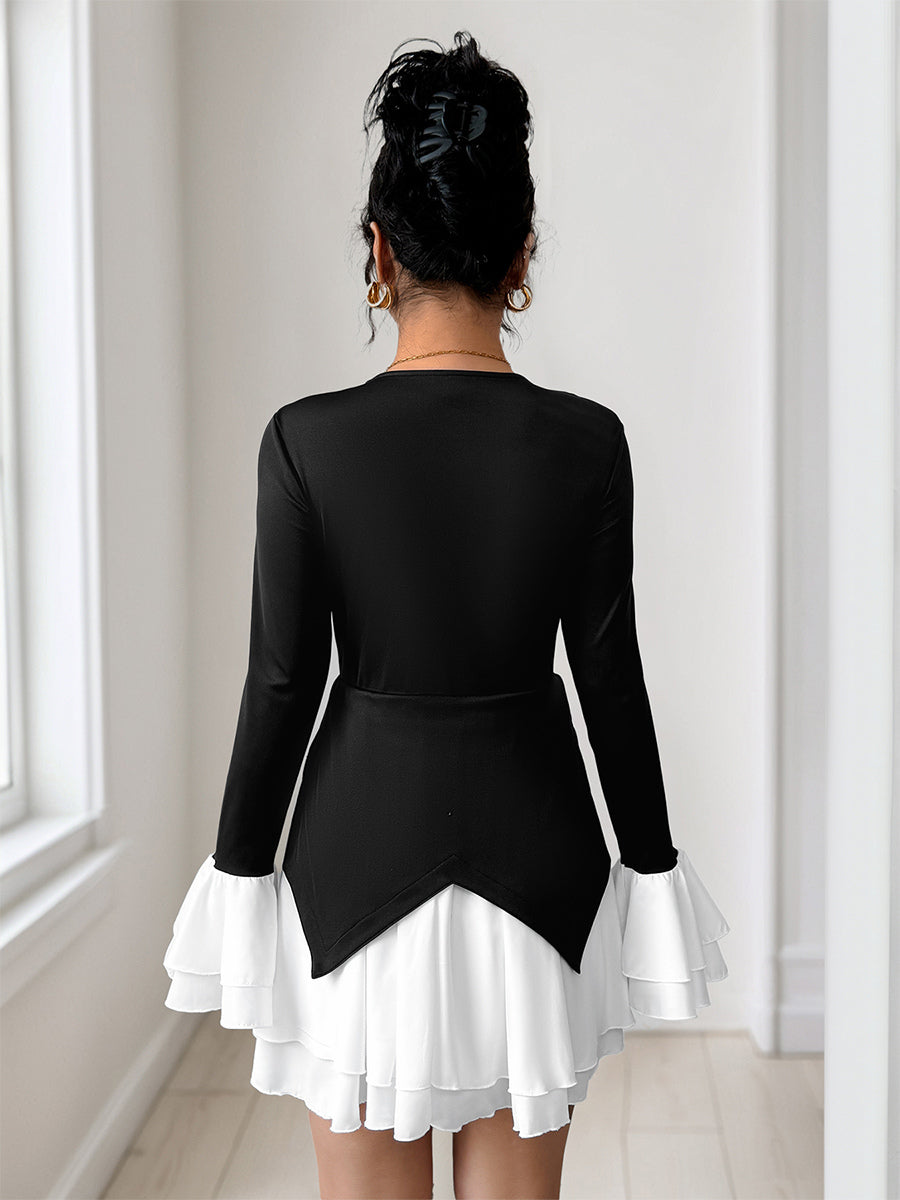Contrasting Color Flare Sleeves Mini Dress With V-neck And Layered Skirt For Autumn 2026