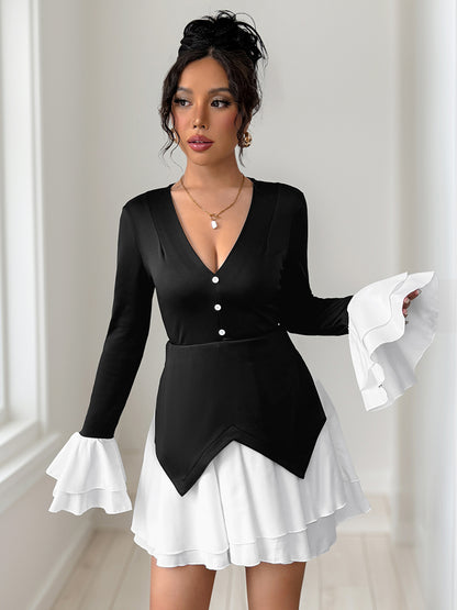 Contrasting Color Flare Sleeves Mini Dress With V-neck And Layered Skirt For Autumn 2026