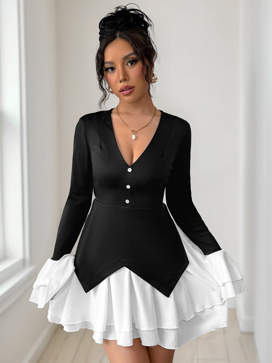 Contrasting Color Flare Sleeves Mini Dress With V-neck And Layered Skirt For Autumn 2026