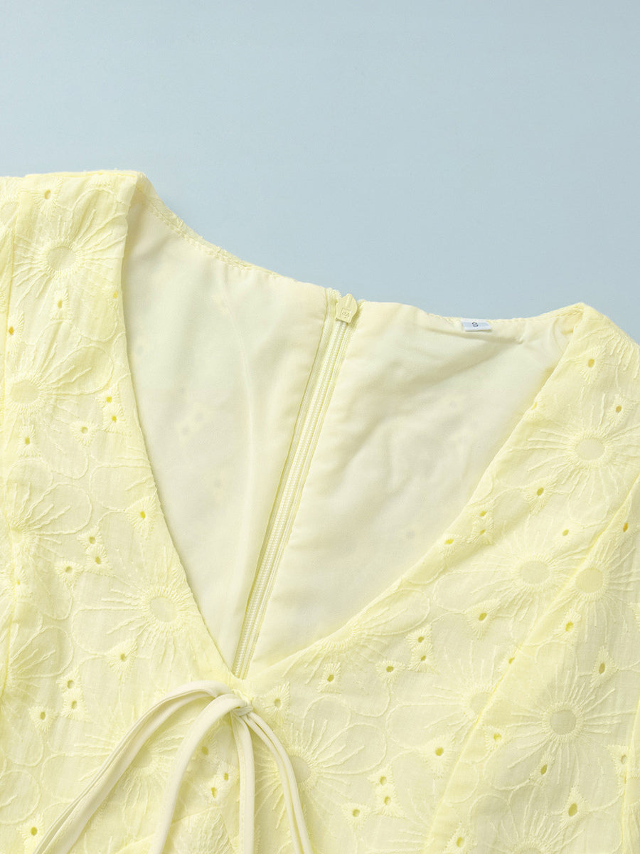 Yellow Eyelet Mini Dress With V-Neck And Puff Sleeves For Summer 2026