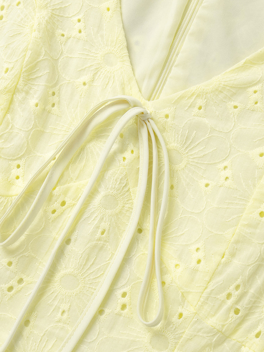 Yellow Eyelet Mini Dress With V-Neck And Puff Sleeves For Summer 2026