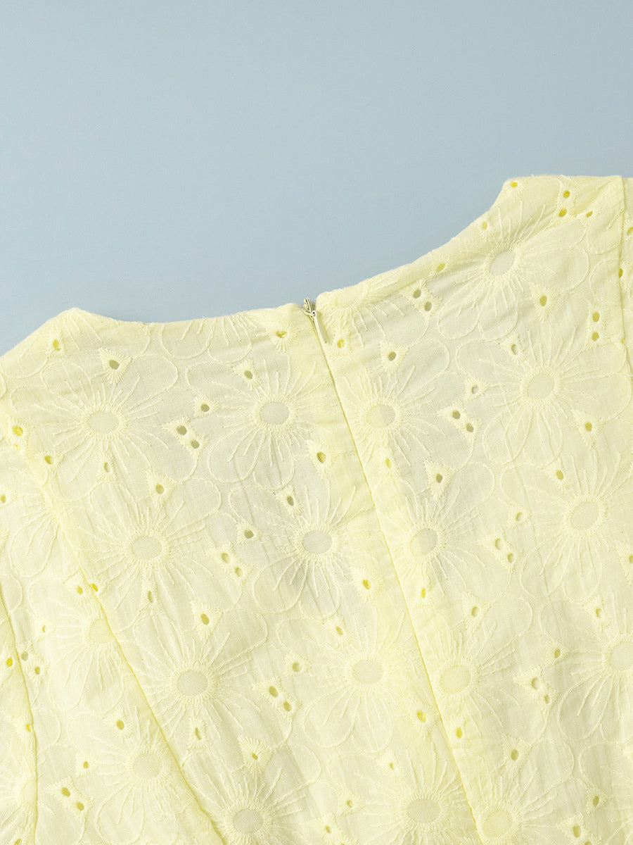 Yellow Eyelet Mini Dress With V-Neck And Puff Sleeves For Summer 2026