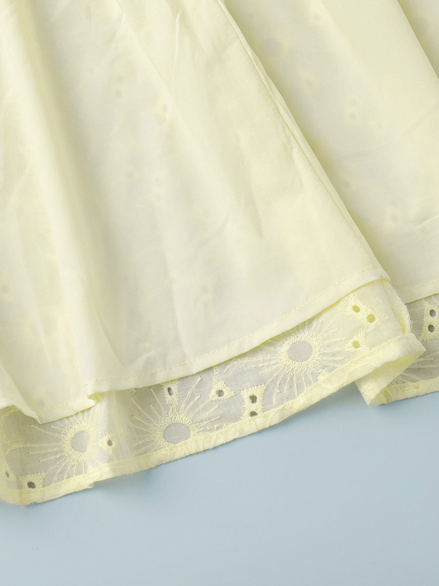 Yellow Eyelet Mini Dress With V-Neck And Puff Sleeves For Summer 2026