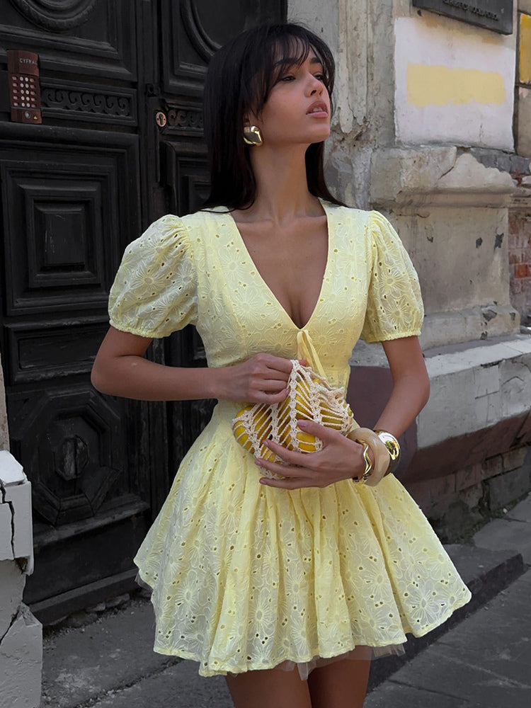 Yellow Eyelet Mini Dress With V-Neck And Puff Sleeves For Summer 2026