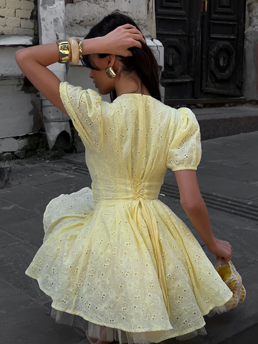 Yellow Eyelet Mini Dress With V-Neck And Puff Sleeves For Summer 2026