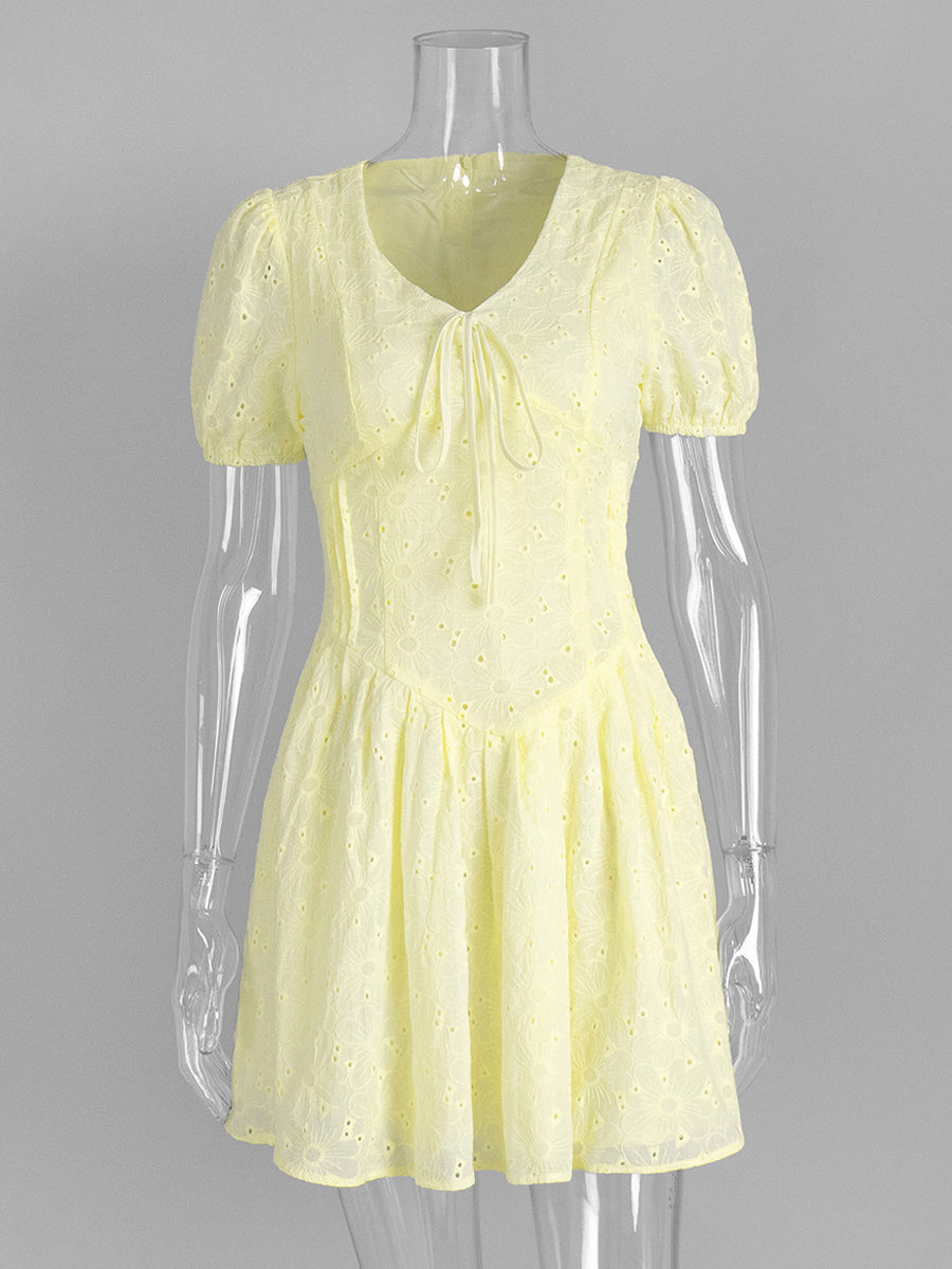 Yellow Eyelet Mini Dress With V-Neck And Puff Sleeves For Summer 2026
