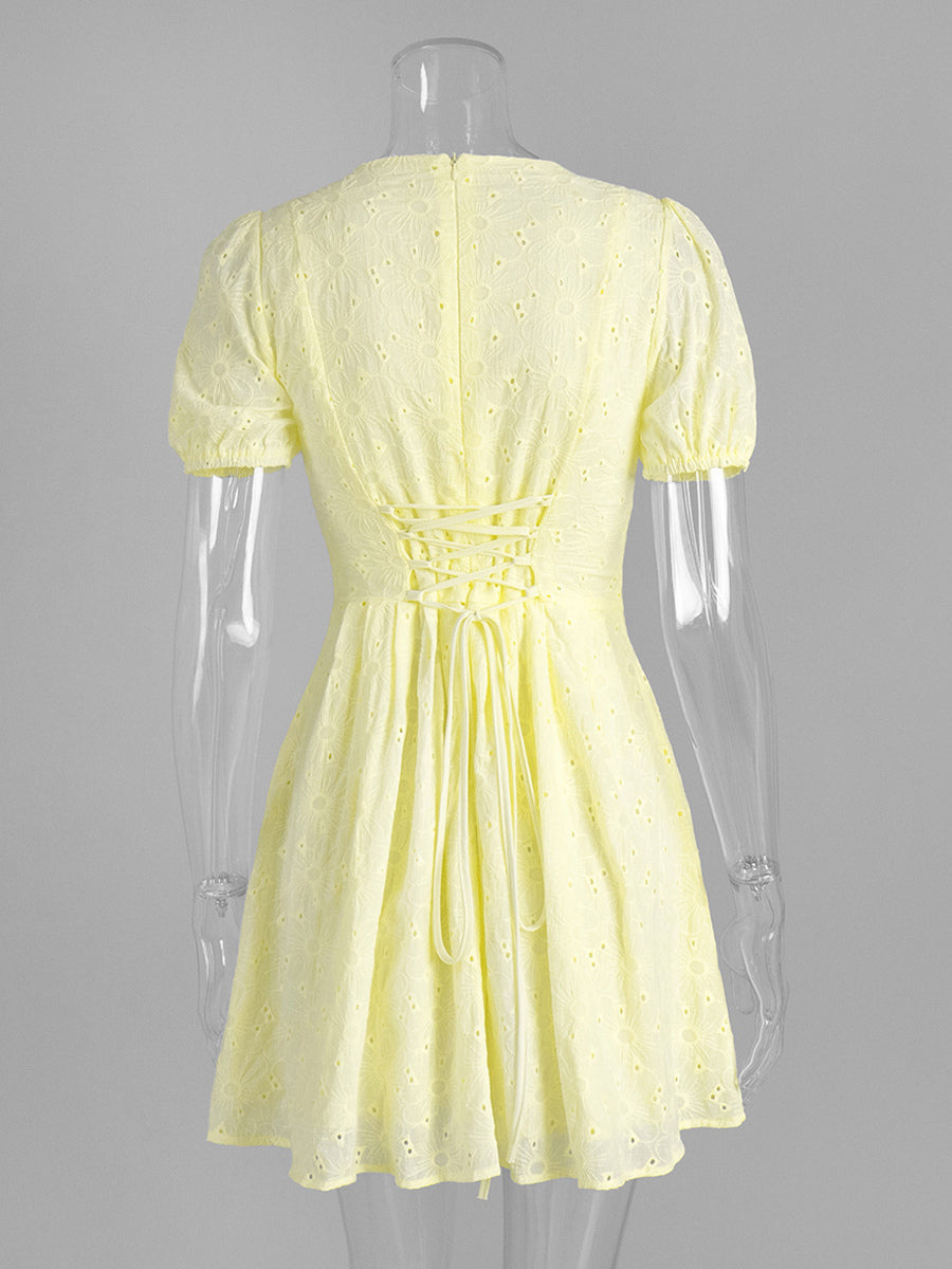 Yellow Eyelet Mini Dress With V-Neck And Puff Sleeves For Summer 2026