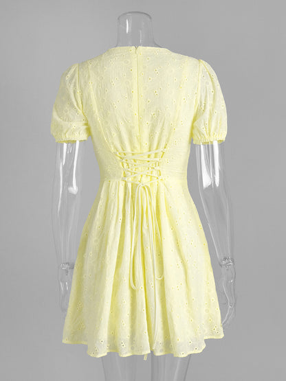 Yellow Eyelet Mini Dress With V-Neck And Puff Sleeves For Summer 2026