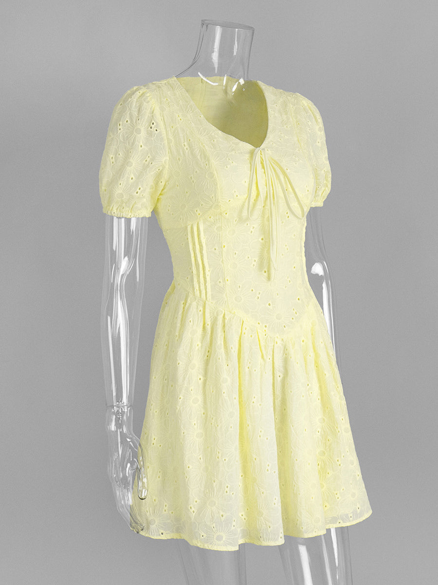 Yellow Eyelet Mini Dress With V-Neck And Puff Sleeves For Summer 2026