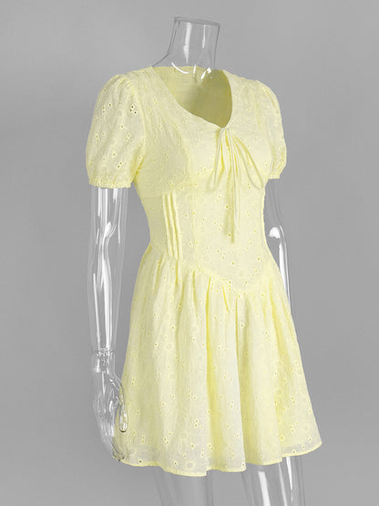 Yellow Eyelet Mini Dress With V-Neck And Puff Sleeves For Summer 2026