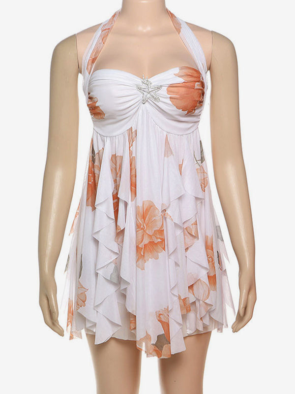 Starfish Halter Neck Mini Dress for Women - Fairycore Ruched Ruffle Hem Chiffon Flowy Party Dress - Summer Beach 2026