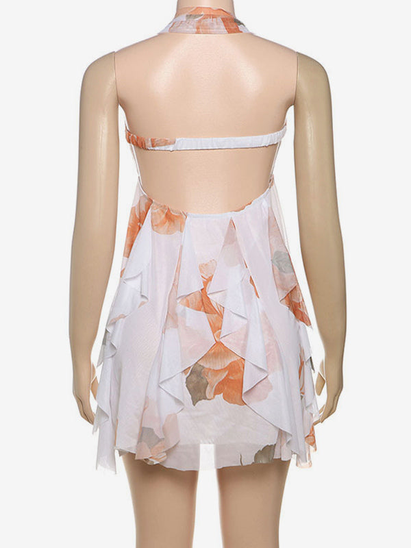 Starfish Halter Neck Mini Dress for Women - Fairycore Ruched Ruffle Hem Chiffon Flowy Party Dress - Summer Beach 2026