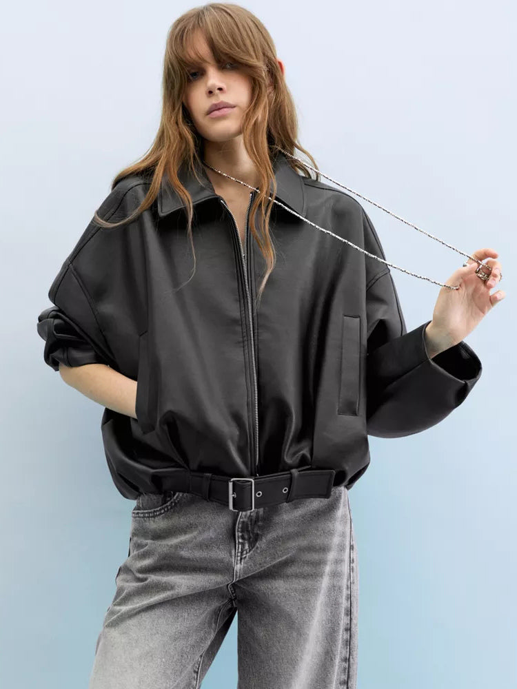 Oversized Faux Leather Bomber Jacket With Belt For Autumn 2026