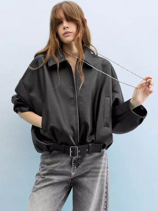 Oversized Faux Leather Bomber Jacket With Belt For Autumn 2026