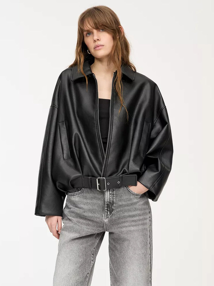 Oversized Faux Leather Bomber Jacket With Belt For Autumn 2026