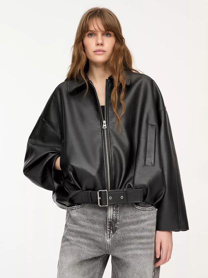 Oversized Faux Leather Bomber Jacket With Belt For Autumn 2026