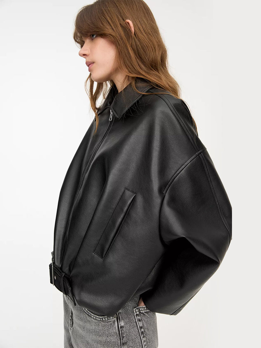 Oversized Faux Leather Bomber Jacket With Belt For Autumn 2026