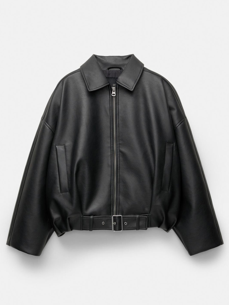 Oversized Faux Leather Bomber Jacket With Belt For Autumn 2026