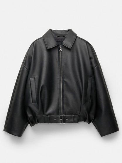 Oversized Faux Leather Bomber Jacket With Belt For Autumn 2026