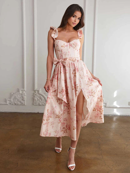 Sleeveless Floral Midi Dress With Sweetheart Neck And High Slit For Summer 2026