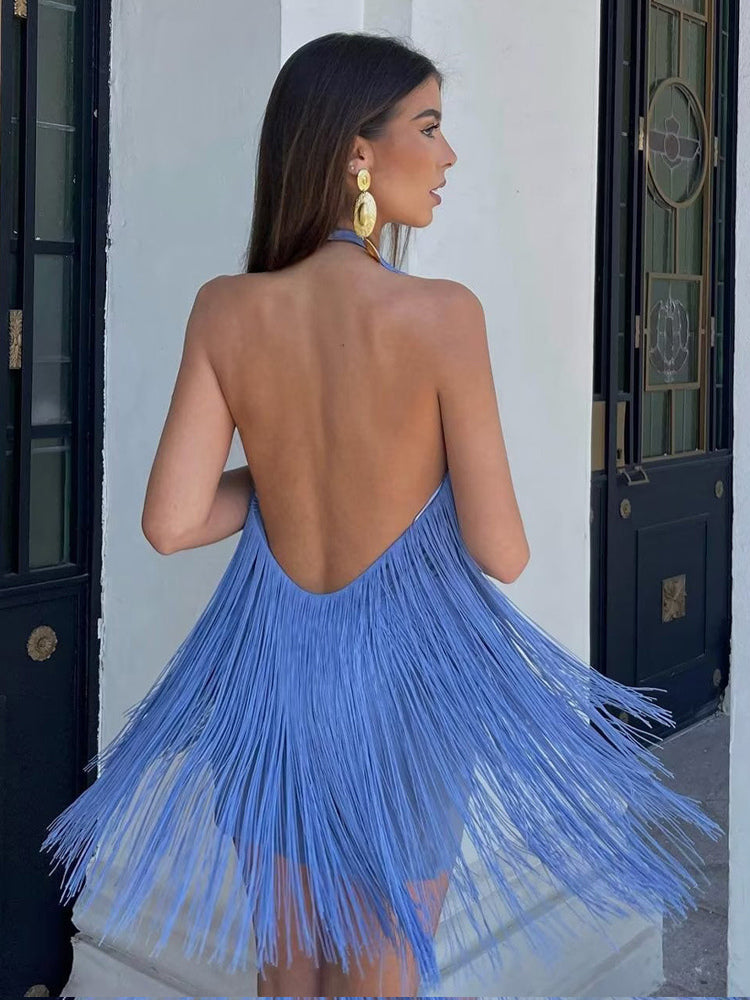 Tassel Fringe Mini Dress With Open Back And Halter Neckline For Party 2026