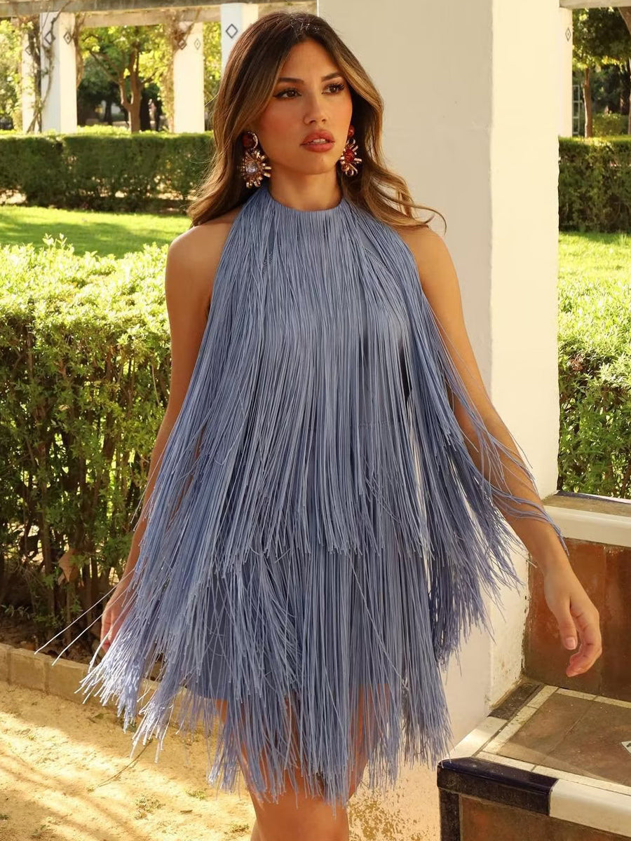 Tassel Fringe Mini Dress With Open Back And Halter Neckline For Party 2026