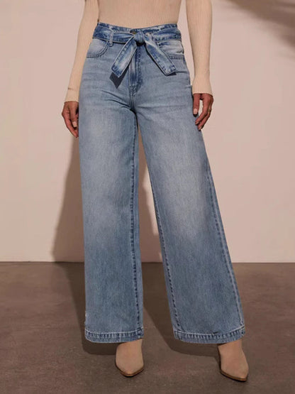 Wide Leg Jeans With Bow Belt In Blue For Autumn 2026