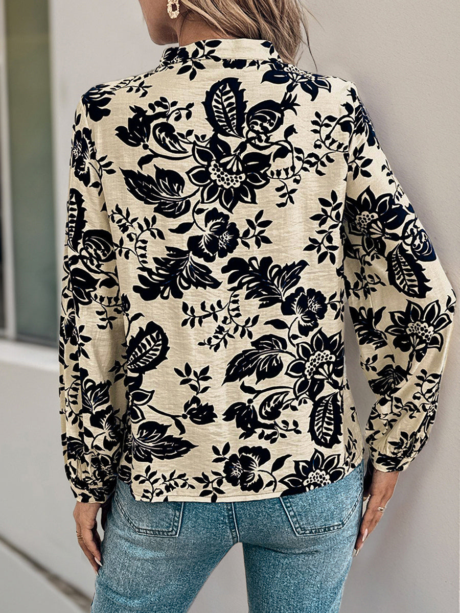Vintage Floral Print Pleated Blouse Front With Long Sleeves For Autumn 2026