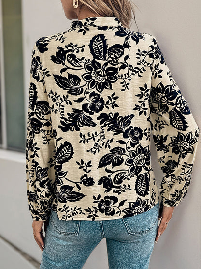 Vintage Floral Print Pleated Blouse Front With Long Sleeves For Autumn 2026
