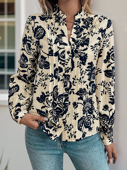 Vintage Floral Print Pleated Blouse Front With Long Sleeves For Autumn 2026