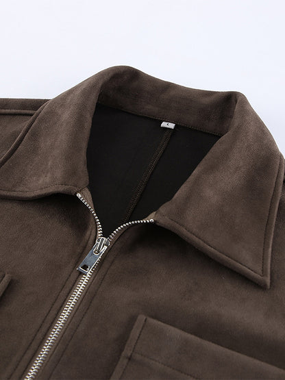 Brown Suede Cropped Zip-up Jacket With Pockets For Women 2026