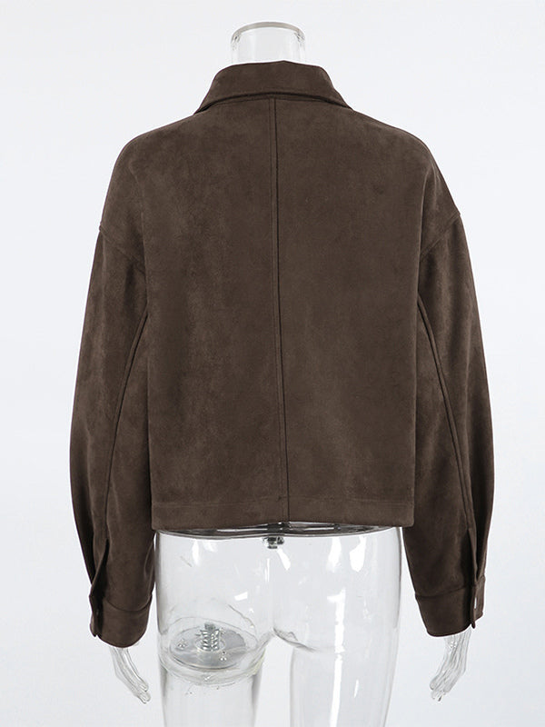 Brown Suede Cropped Zip-up Jacket With Pockets For Women 2026