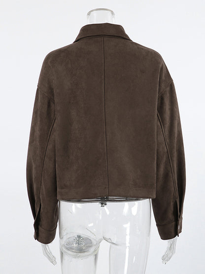 Brown Suede Cropped Zip-up Jacket With Pockets For Women 2026