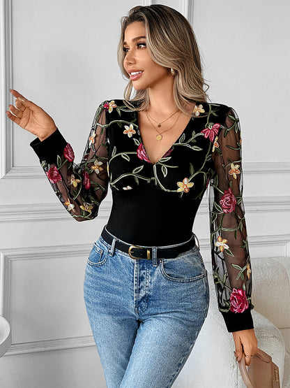 Floral Embroidered V-Neck Long Sleeves Blouse For Women 2026