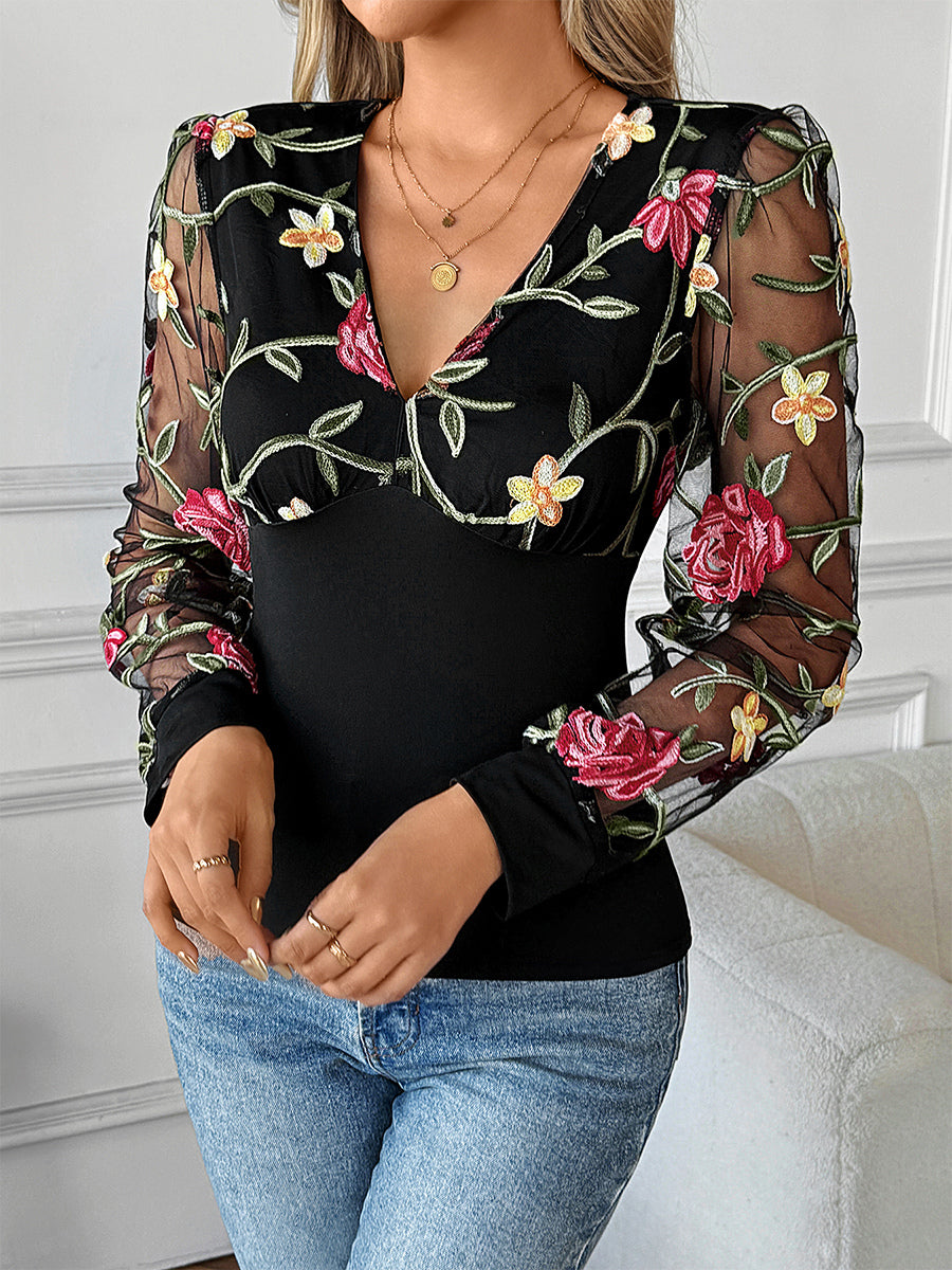 Floral Embroidered V-Neck Long Sleeves Blouse For Women 2026