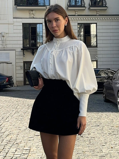 Vintage Puff Sleeve Blouse With Stand-Up Collar In Autumn For Women 2026