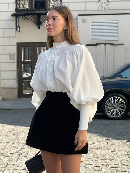 Vintage Puff Sleeve Blouse With Stand-Up Collar In Autumn For Women 2026