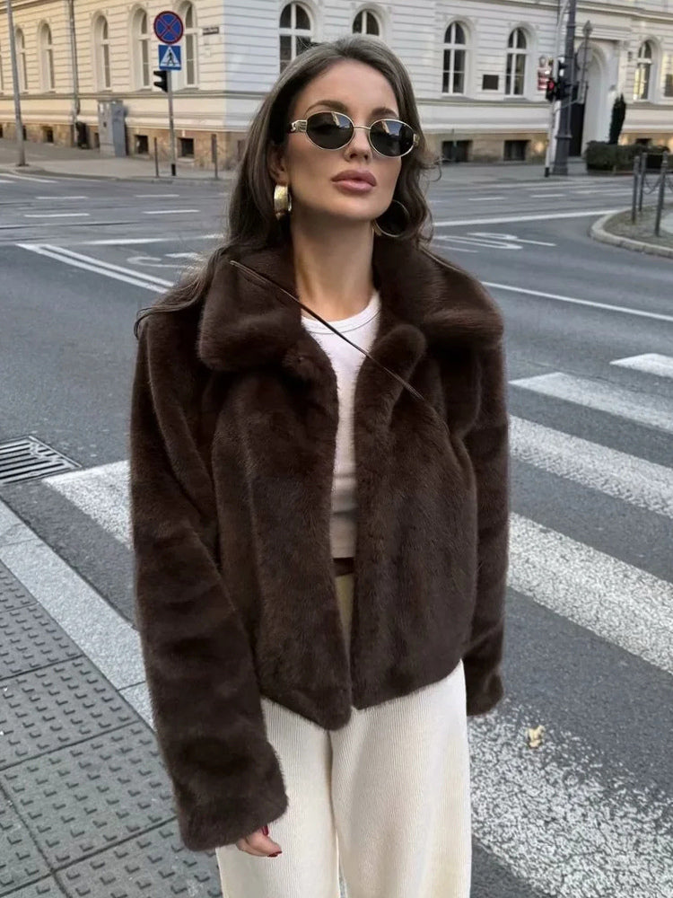 Eco-friendly Faux Fur Jacket With Classic Lapel For Women 2026