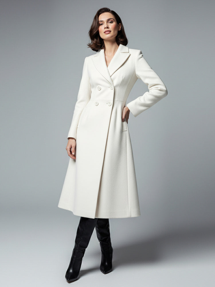 White Woolen Double-Breasted Midi Coat With Sharp Lapel And X-Line For Women 2026