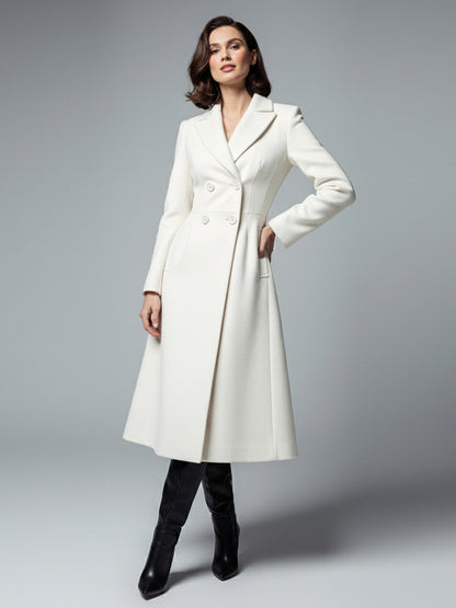 White Woolen Double-Breasted Midi Coat With Sharp Lapel And X-Line For Women 2026