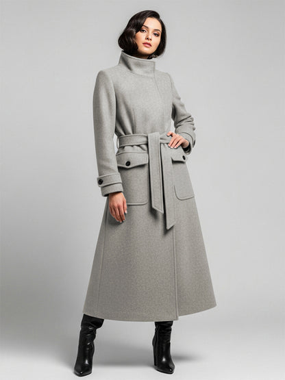 Belted Woolen Stand-Collar Long Winter Coat With Functional Pockets For Women 2026