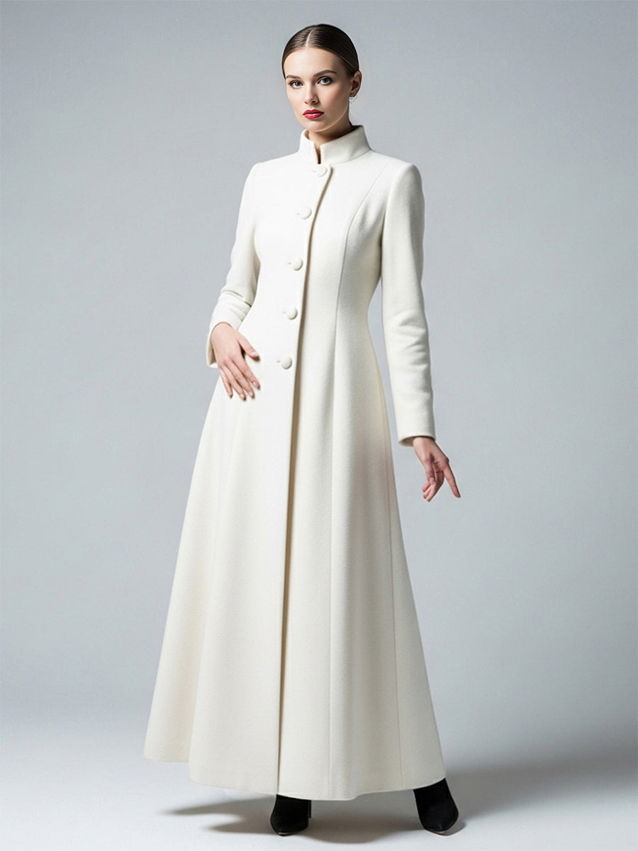 White Woolen Full-Length Coat With Stand Collar And A-Line Silhouette For Women 2026