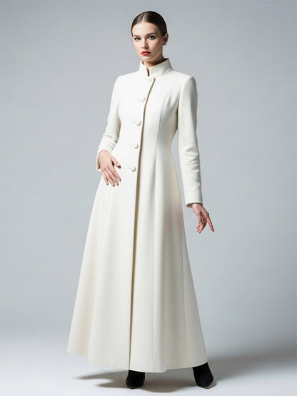 White Woolen Full-Length Coat With Stand Collar And A-Line Silhouette For Women 2026