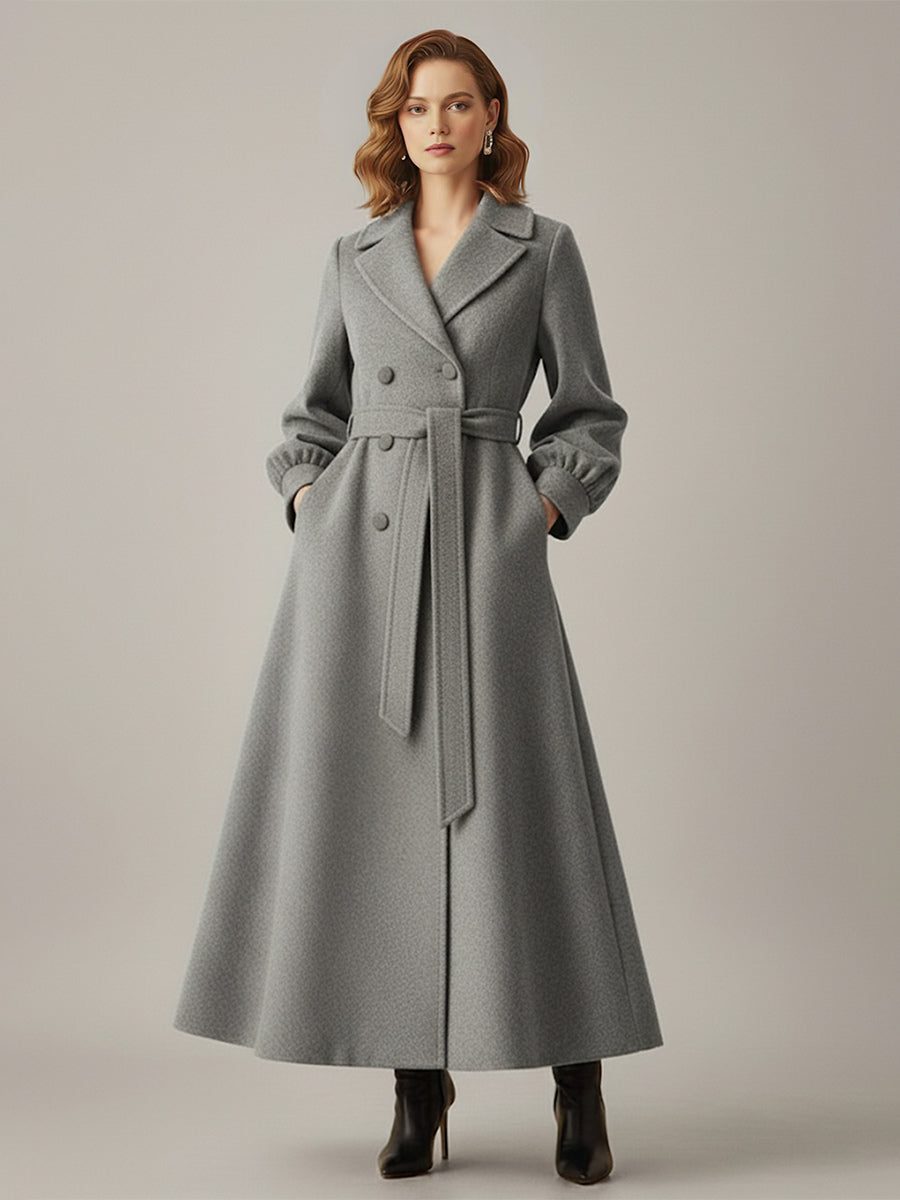 Belted Double-Breasted Woolen Full-Length Coat With Balloon Sleeves For Women 2026