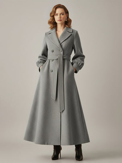 Belted Double-Breasted Woolen Full-Length Coat With Balloon Sleeves For Women 2026