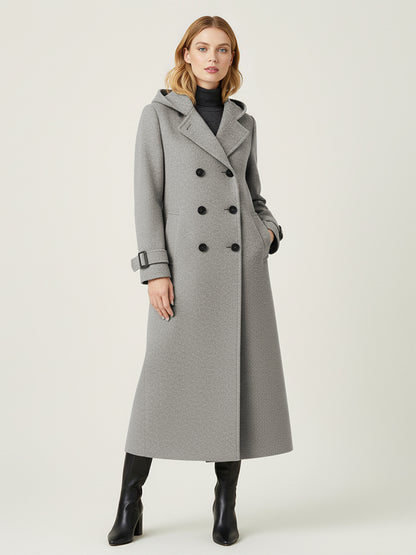 Hooded Double-Breasted Long Woolen Coat With Cuff Tabs For Women 2026