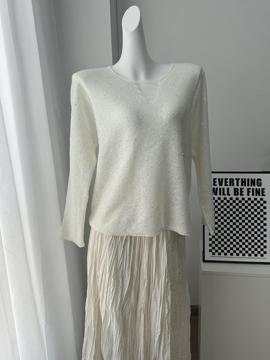 Distressed Neck Knit Pullover Sweater With Sequins For Women 2026
